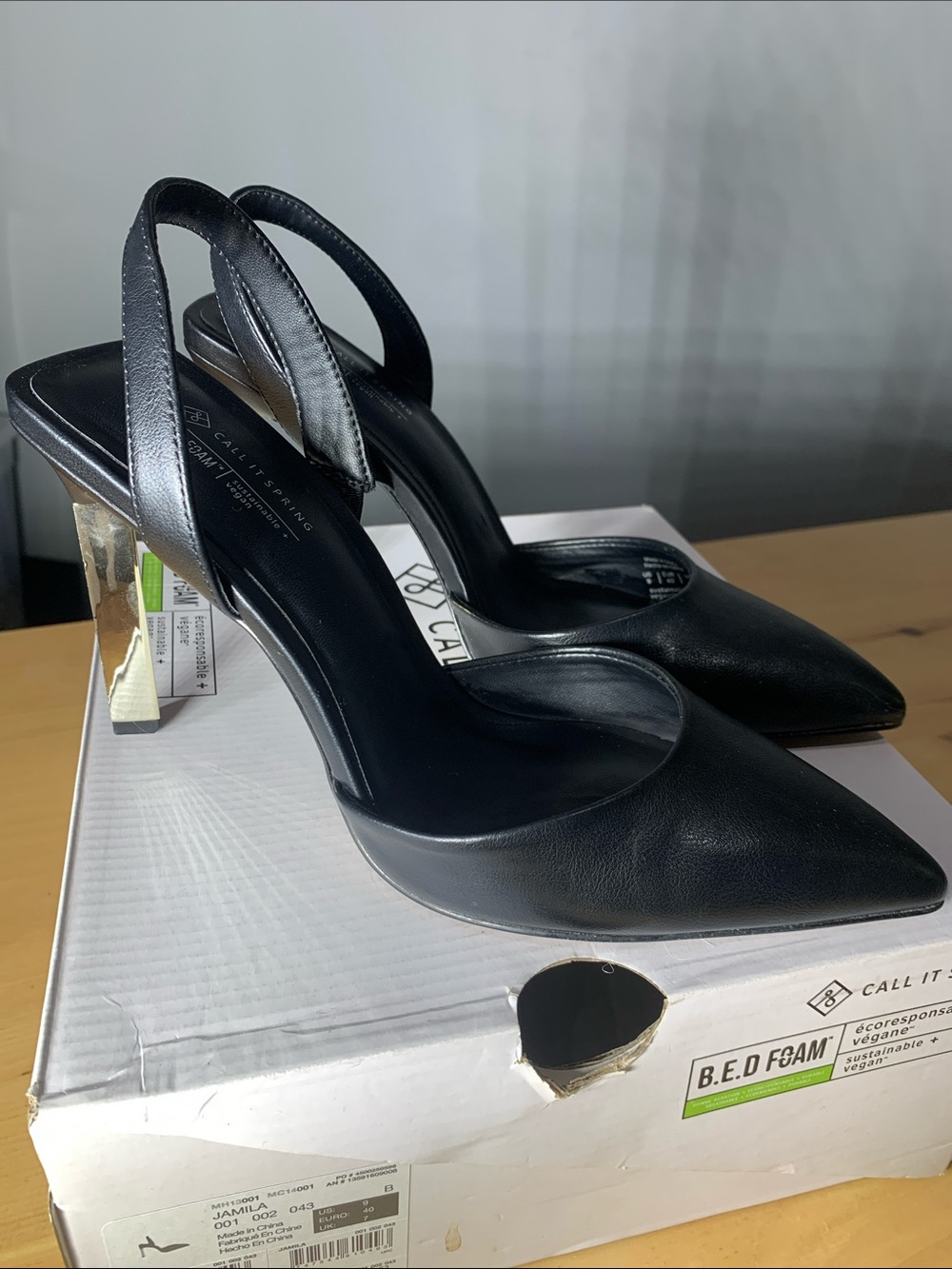 Call It Spring Black Pointed Slingback Heels with Gold Block Heel Accents